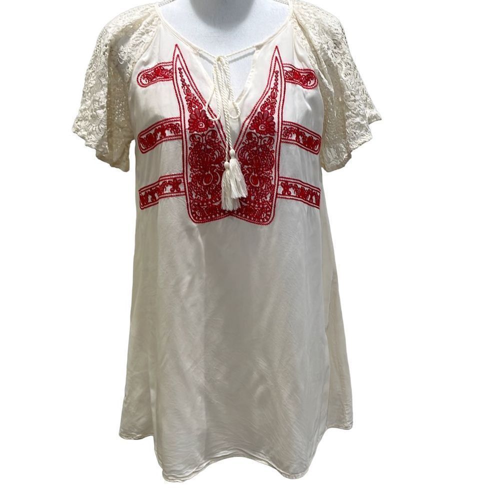 ENTRO ivory and red embroidered‎ tunic top blouse - S